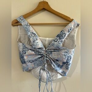 YLLW Floral Ruched Back Crop Top in Light Blue & Pink